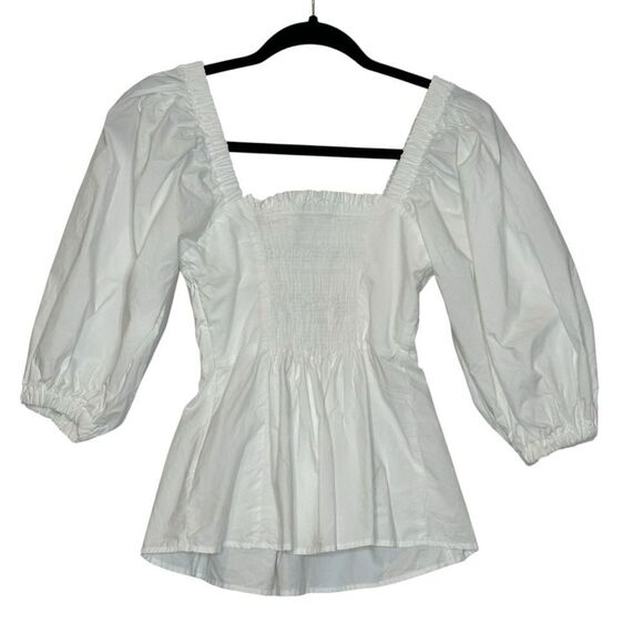 P.A.R.O.S.H Shirred White Puff Sleeve Cotton Blouse | S - Picture 4 of 11